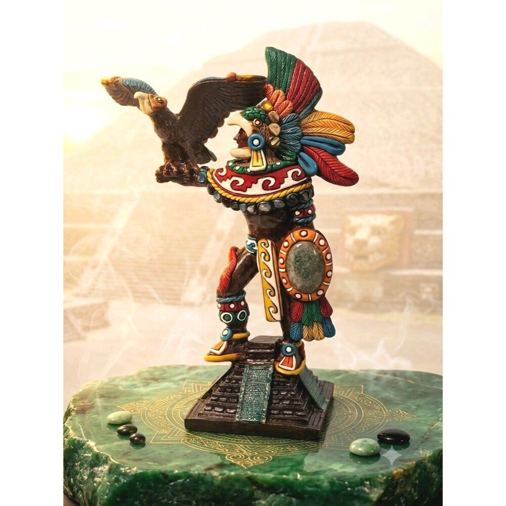 11" Vintage Handcrafted Aztec Eagle Warrior Statue Mixed Media Clay Resin Mexico